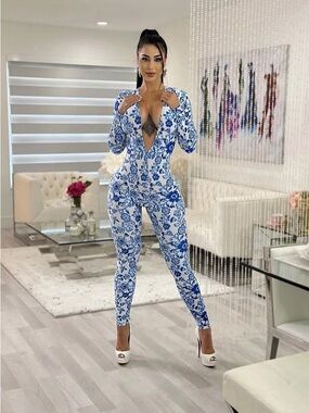 Blue Floral Print Long-Sleeve Jumpsuit